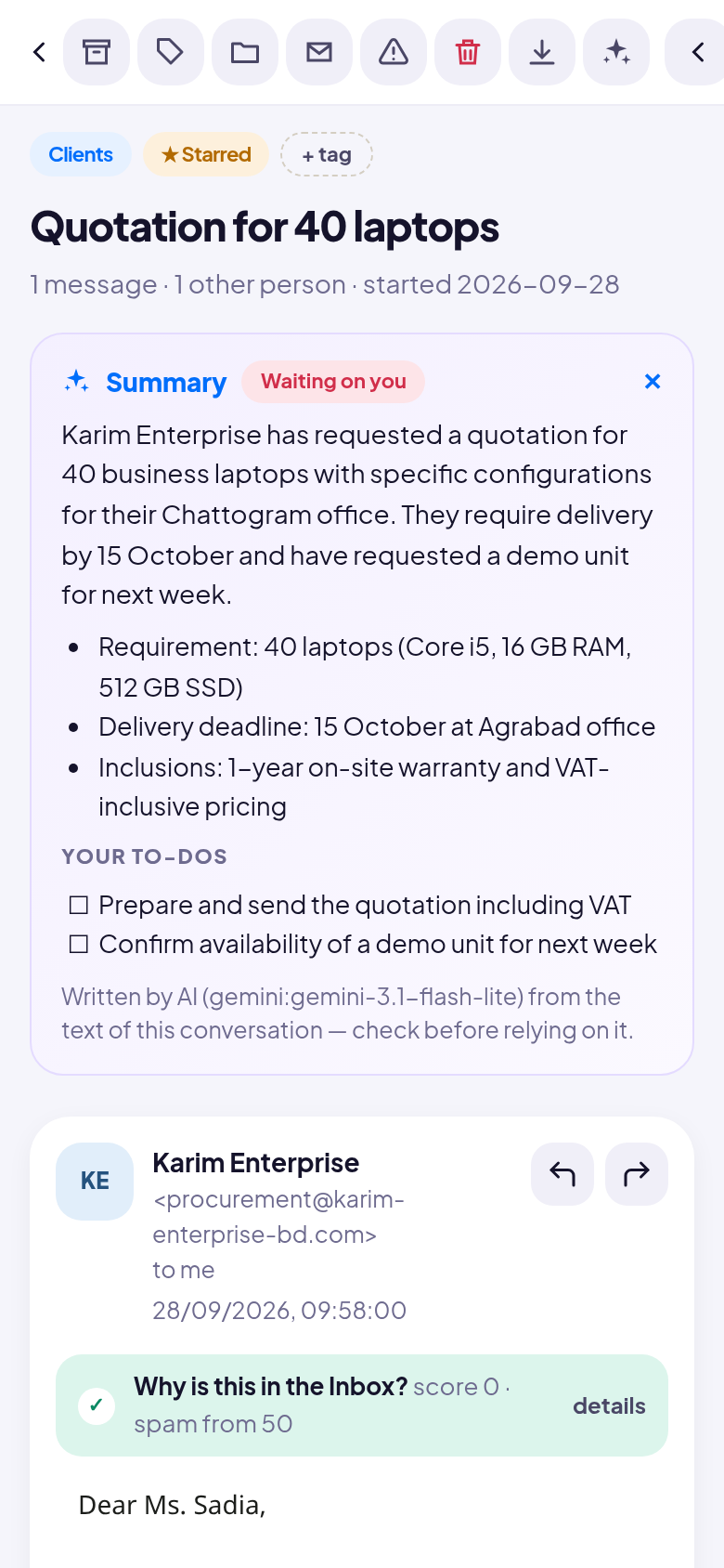 SamitMail on a phone: AI summary of a client email