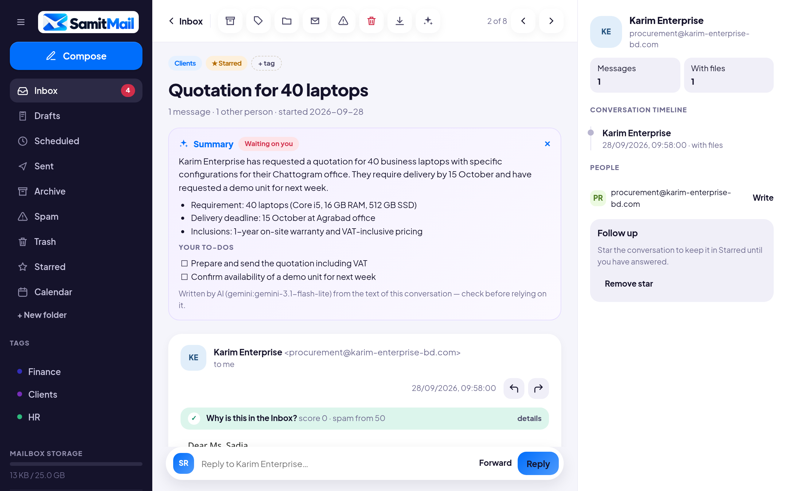 SamitMail webmail: a client's quotation request with an AI summary and to-do list