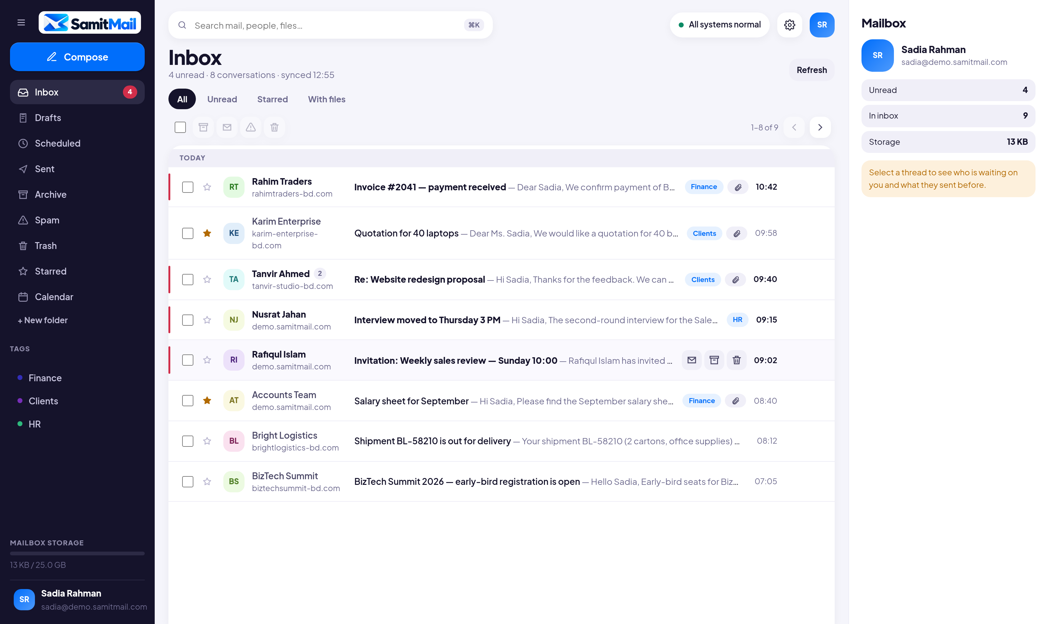 SamitMail webmail inbox with tagged conversations and attachments